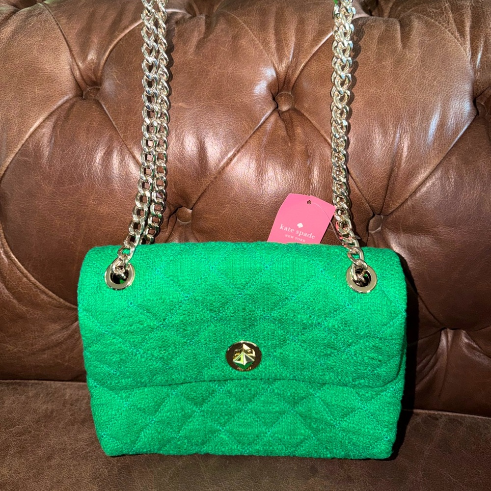 Kate Spade Green Quilted Tweed Chain Shoulder Bag NWT Medium Flap Gold Hardware